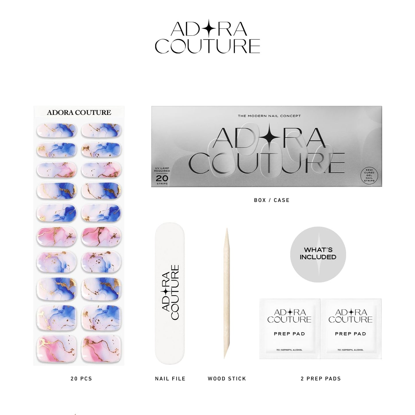 Adora Couture Semi Cured Gel Nail Strips with 20 Pieces - UV Gel Stickers, Manicure Kit, Easy Application Wraps Includes Prep Pads, Nail File, Wooden Stick - UV Light Required (Marbled Sky)