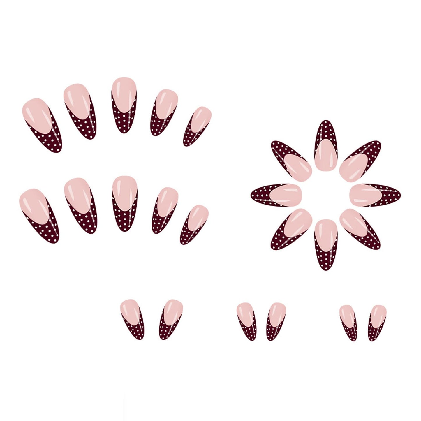 IMSOHOT Polka Dot Press on Nails Almond Medium Fake Nails Burgundy French Tips False Nails Full Cover Glossy Wine Red Acrylic Glue on Nails for Women