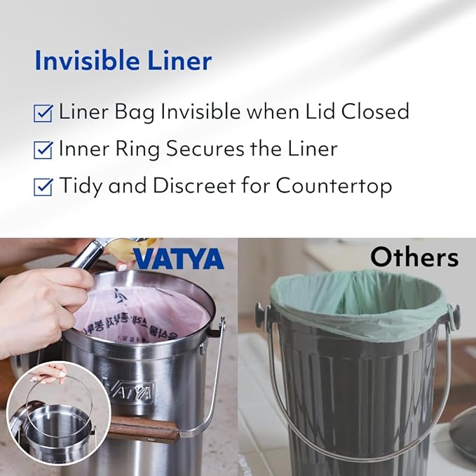 Vatya Stainless Steel Kitchen Compost Bin - NO Filter Countertop Composter, Composting Bucket, Counter Top Small Indoor Food Waste Container with Lid, Odorless Food Scrap Pail, Large 0.8 Gallon
