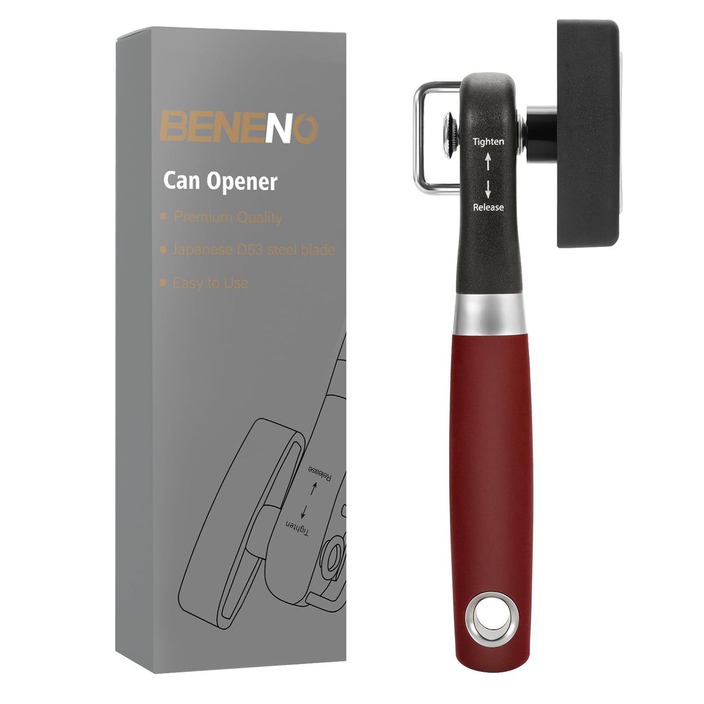 Beneno Can Opener, Manual Side Safe Cut Can Opener Smooth Edge with Durable Sharp Blade, Effort-Saving Knob & Comfortable Non-slip Handle, Red