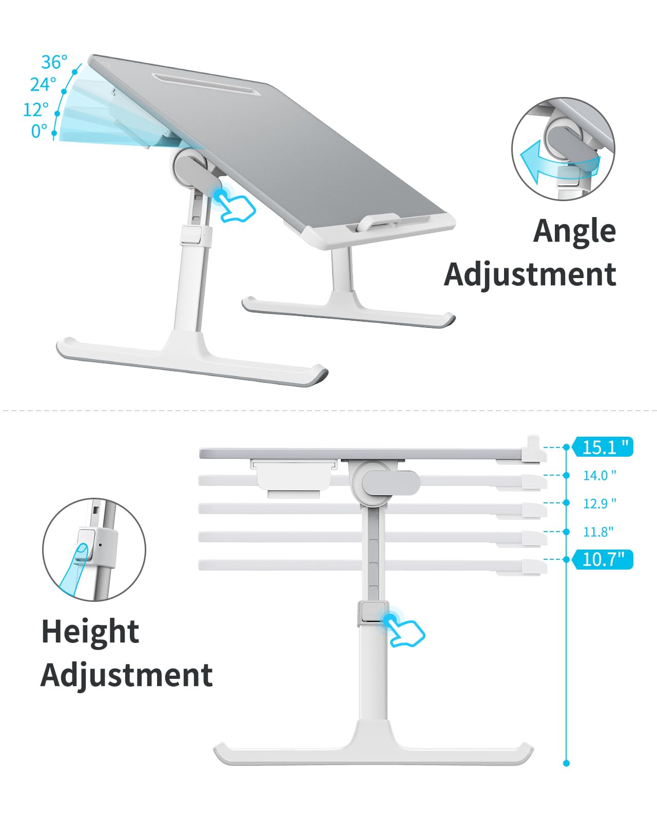 Laptop tray, SAIJI 60*45cm Table lap for bed, Multi-purpose Premium Lapdesk, Height Angle adjustable, with Book Stand, Drawer, Tablet slot, for Eating, Working, Writing, Gaming, Drawing (Light Grey)