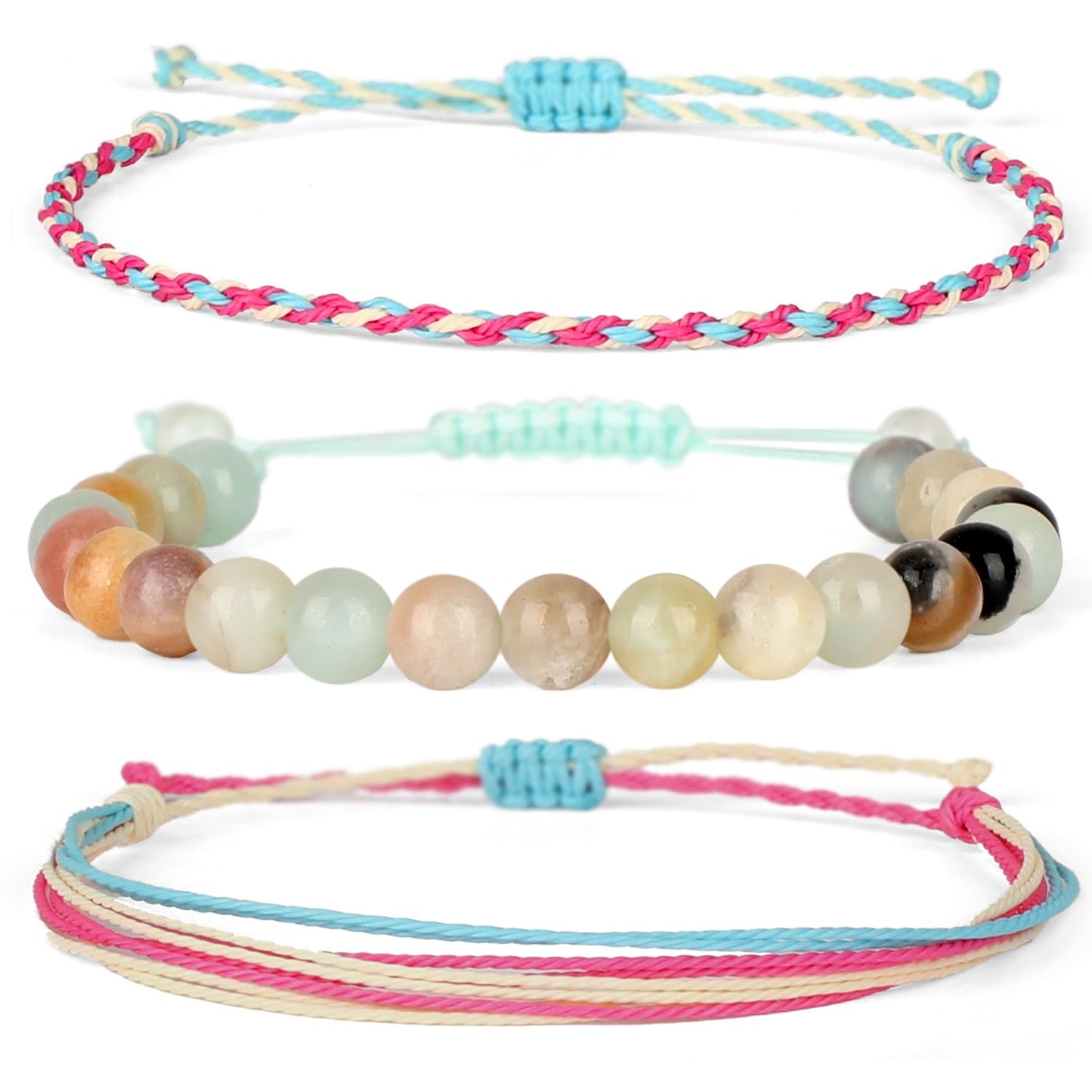 QOGIR Handmade Healing Stones Bracelet,8mm Natural Multi Color Amazonite Gemstone Beads Bracelet,for Men Women Gifts with 2PCS Size Adjustable Rope Bracelets