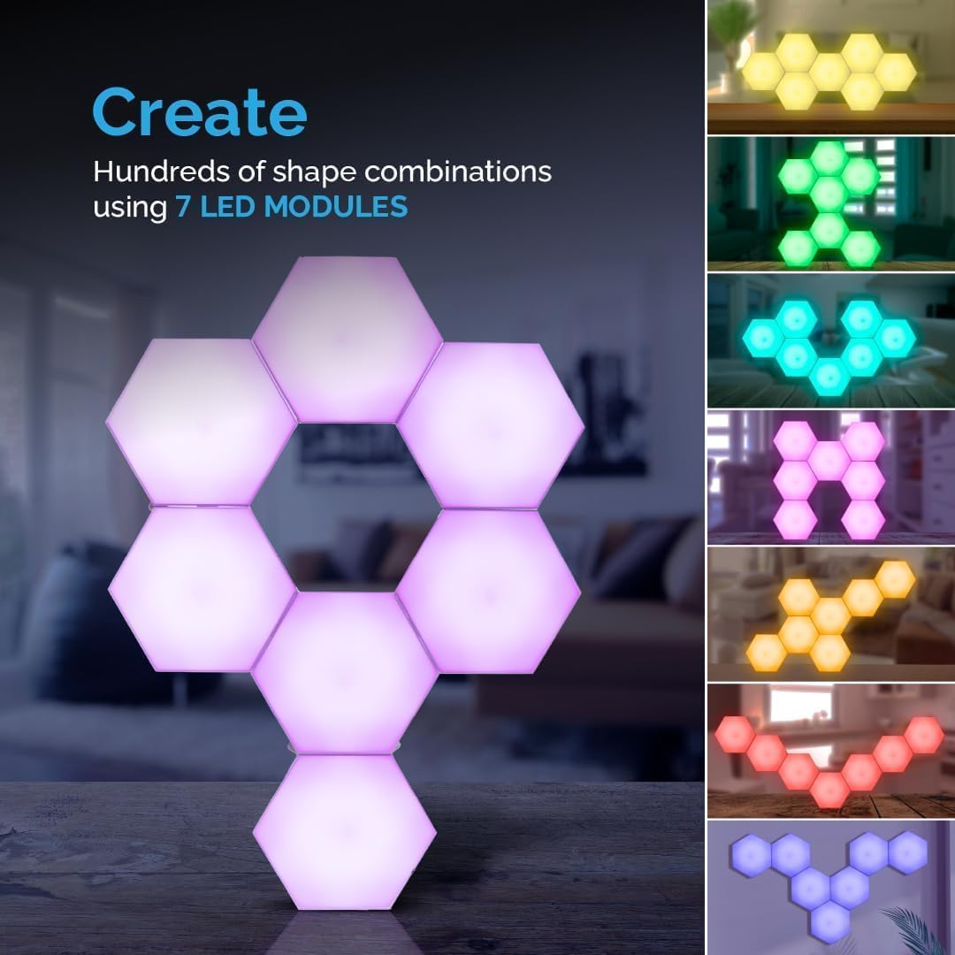 Emberela HEXlights Sensory Lights for Kids - 7pk Touch Hexagon Lights, Remote Controlled - Autism-Friendly Tap Tap Wall LED Panels for Sensory Room - Table Stand Included