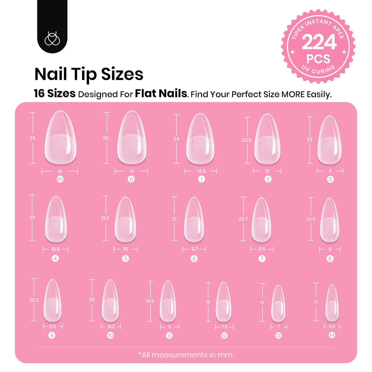 Beetles Tipex Nail Tips Kit Almond Medium, 224Pcs 16 Sizes,Pre-building Pre-Etched Strong Thicker Acrylic Tips with Mini U V Lamp Tipex Nail Glue
