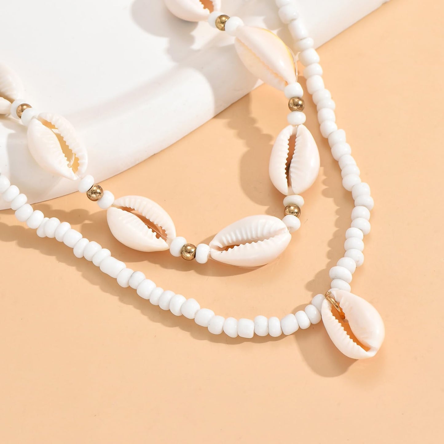 Nackiy Handmade Sea Shell Necklace Choker For Women Summer Adjustable Natural Shell Collar Necklace (Beige Braided Rope) (2 Layered)