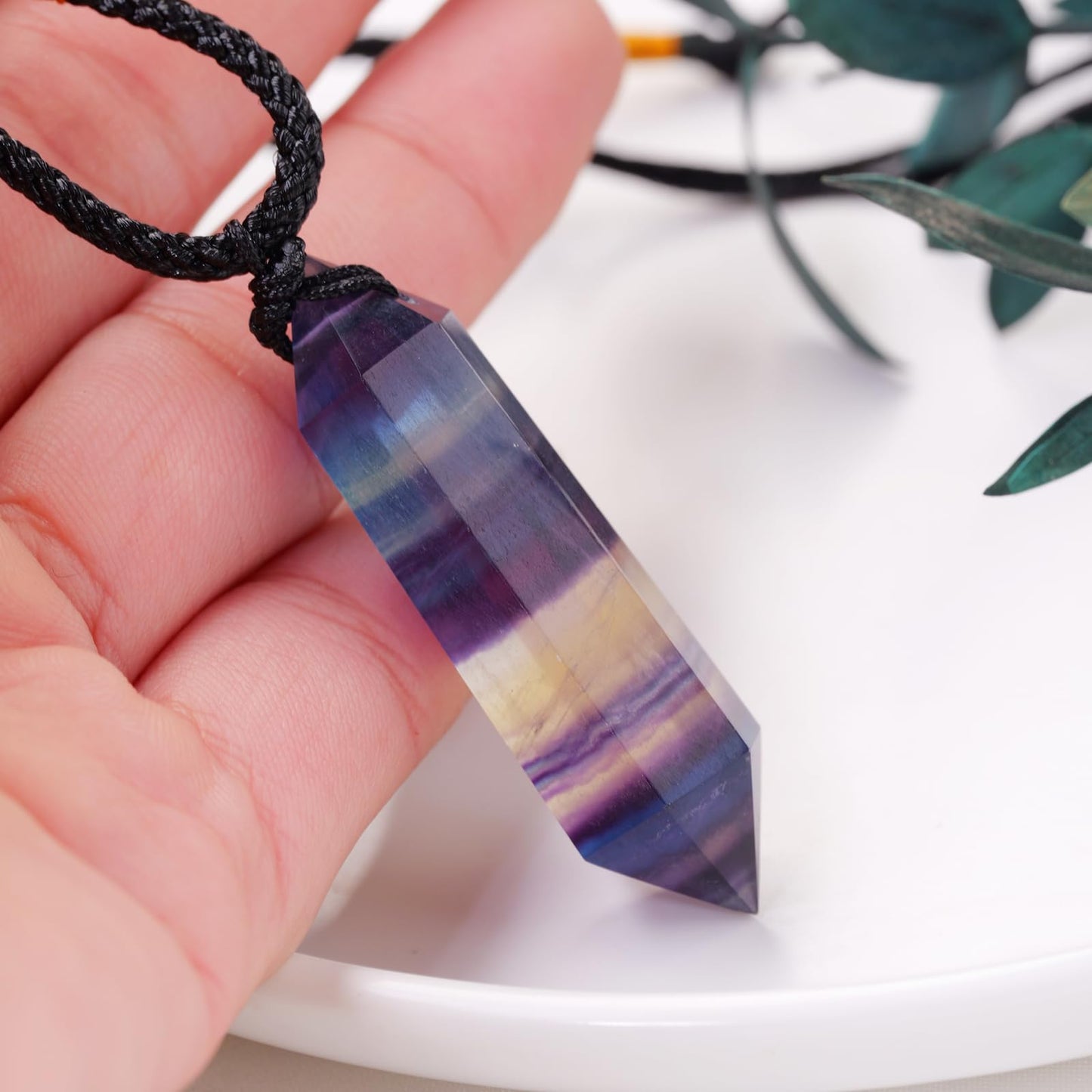 Runyangshi Rainbow Fluorite Healing Crystal Pendants, Double Pointed Natural Crystal Quartz Necklace 6 Faceted Chakra Crystal Wand Stone