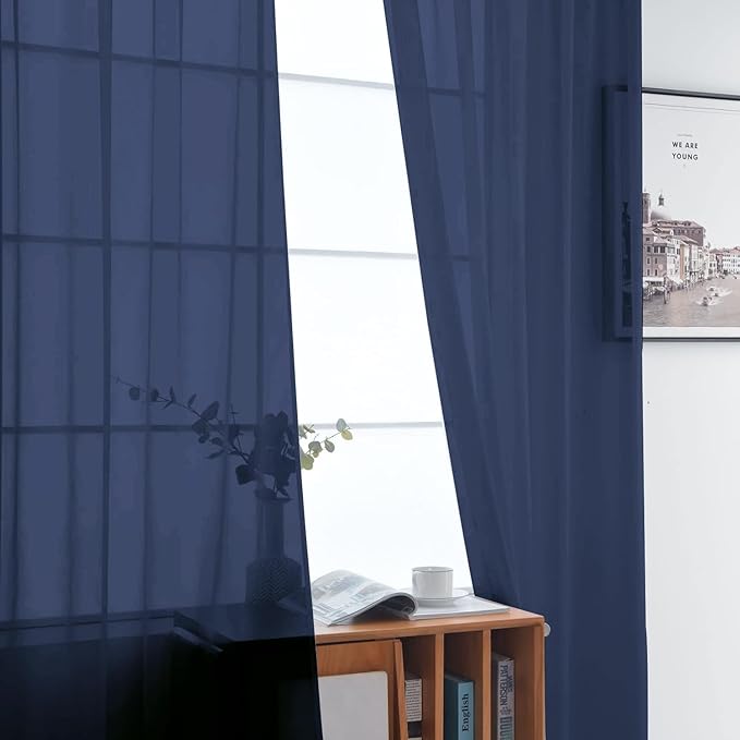 SpaceDresser Sheer Voile Window Treatment Rod Pocket Curtain Panels for Kitchen Bedroom Living Room Drapes Sunlight Filtering Privacy Semi Home Decor Assorted Colors Sizes (Navy, 52 W x 45 L)