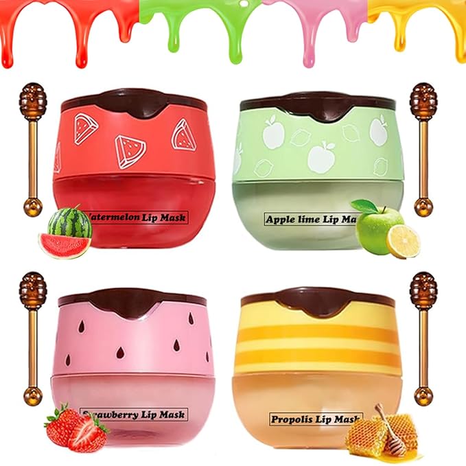 Honey+Strawberry+Apple Lime+Watermelon Lip Balm Lip Mask, Moisturizing Lip Sleeping Mask, Hydrate Repair Prevent Dry Cracked Lip (Watermelon+Apple Lime+Strawberry+Honey)