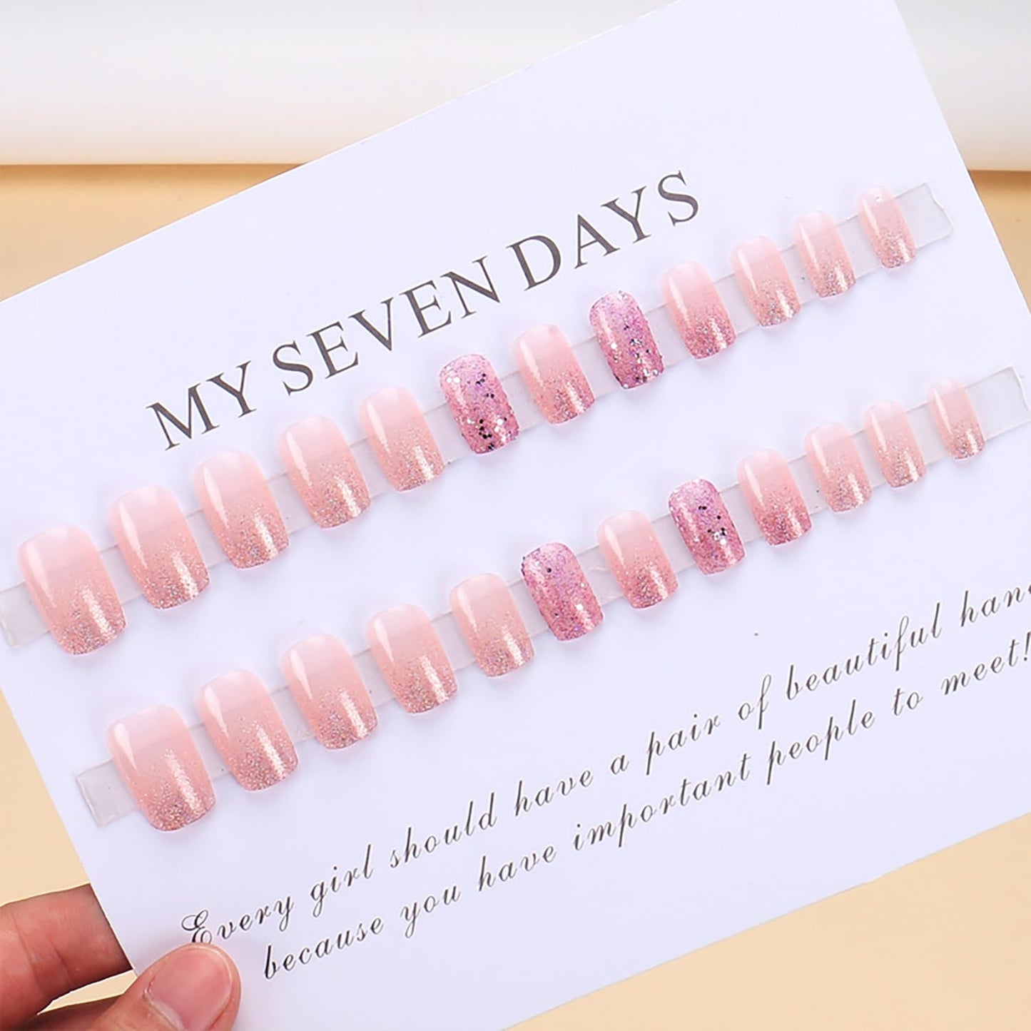 Medium Press on Nails Pink Gradient Fake Nails Full Cover Sparkly False Nails Purple Glitter Acrylic Nails Cute Press on Nails Square Glue on Nails Bling Fake Nails for Women Manicure Kit 24Pcs