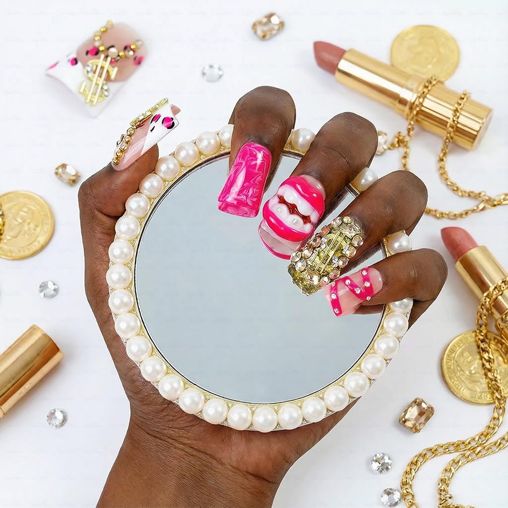 IntoVibes 10 Pieces Luxury Acrylic Press On Nails Short Handmade Duck Nails, Pink Thickened False French Nails, Exaggerated Red Lips And The Dollar Sign, Reusable Fake Nails, Acrylic Nails (L)