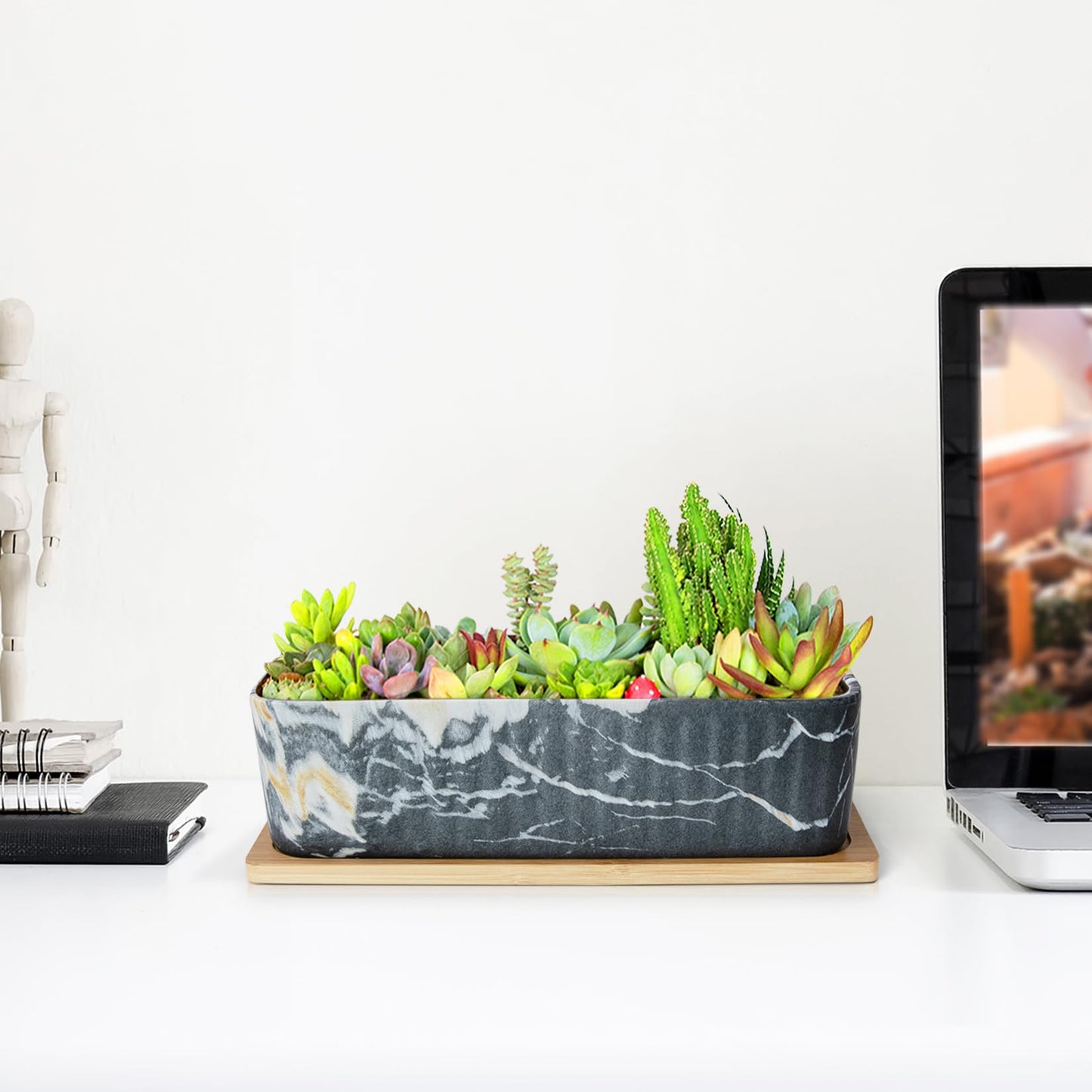 ARTKETTY Succulent Pots, Large Shallow Rectangle Planters with Drainage Tray, 12 Inch Long Window Sill Planter for Indoor Cactus Bonsai Plants, Ceramic Marble Window Box Planter Home Office Decor