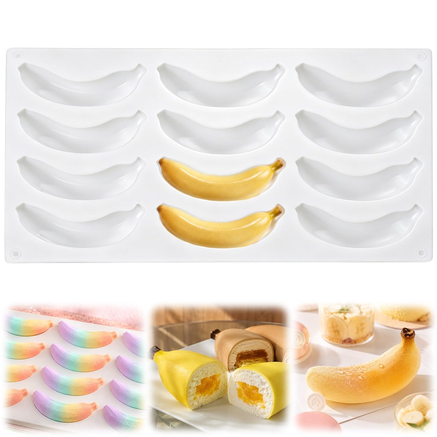 Palksky Banana Silicone Molds, 12 Cavity 3D Banana Shape Baking Mold for Chocolate, Cake, Dessert, Pudding, Bread, Ice Cube, Non-Stick Fruit Pastry Molds