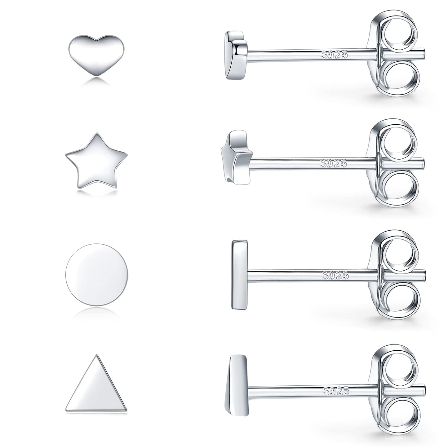 Sterling Silver Stud Earrings for Women Men- 4 Pairs of Hypoallergenic Simple Geometric Small Stud Earring Set Tiny Triangle Square Heart Star Stud Earrings Mini Cartilage Tragus Earrings, Silver