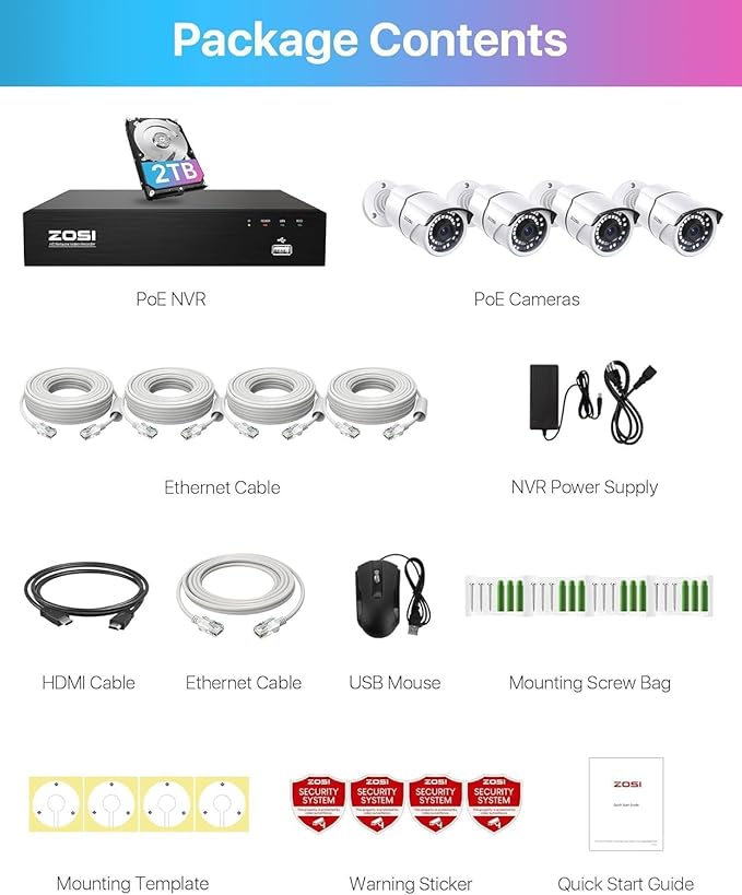 ZOSI 8CH 4K PoE Home Security Camera System, 8 Ports 16CH 8MP NVR with 2TB HDD, 4pcs 5MP Indoor Outdoor PoE Cameras, 120ft Night Vision, 24/7 Recording, Remote Access