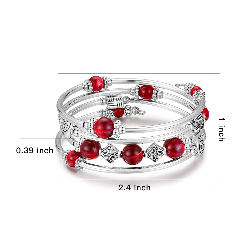 Beaded Pearl Bangle Wrap Bracelet - Fashion Bohemian Jewelry Multilayer Charm Bracelet with Thick Silver Metal Beads, Gift For Women(Dark Red)