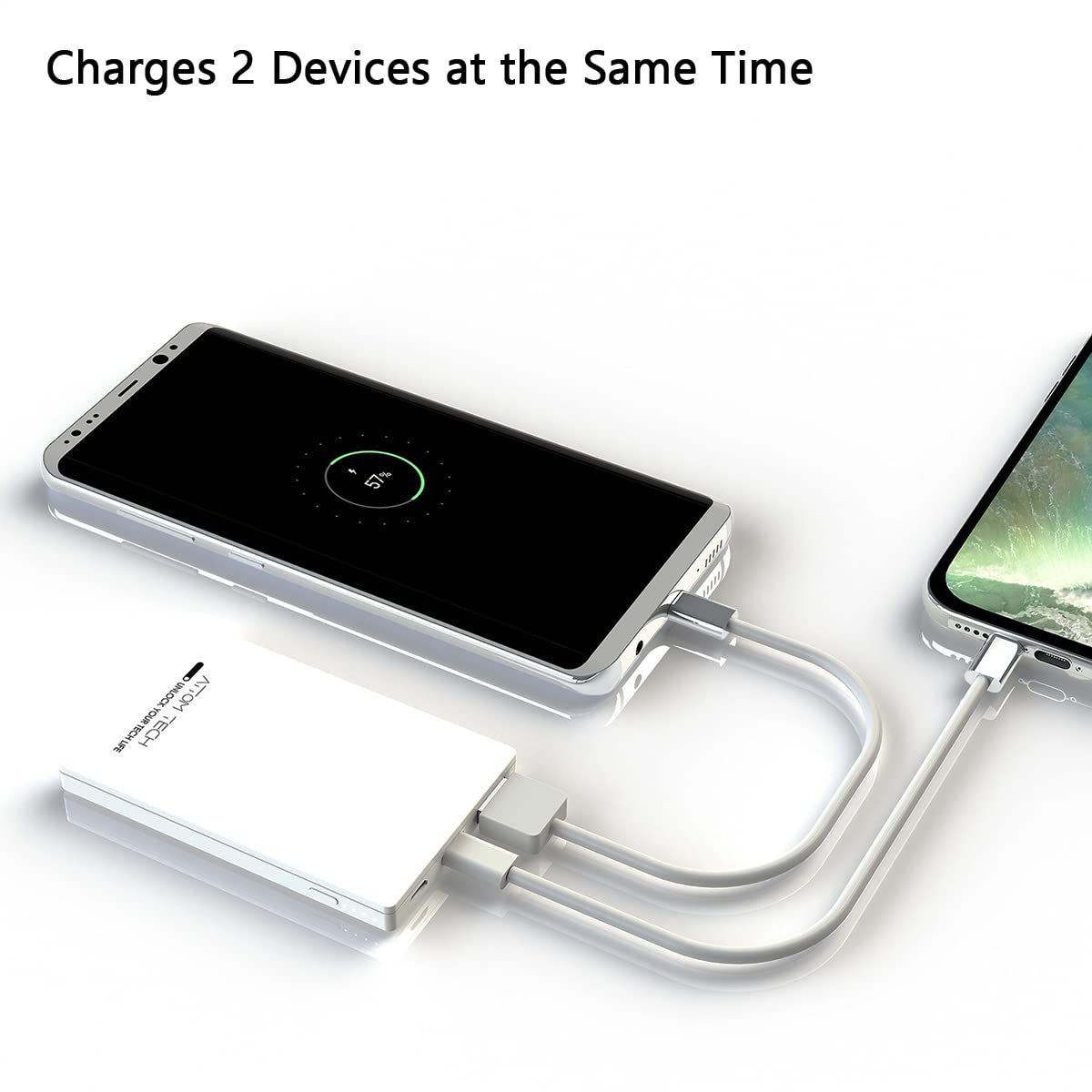 Attom Tech Dual USB Output Super Slim Power Bank Ultra Thin, 3000mAh Portable Charger Mini External Phone Battery Pack Small Dual Outlet, Emergency Phone Power Backup (White)