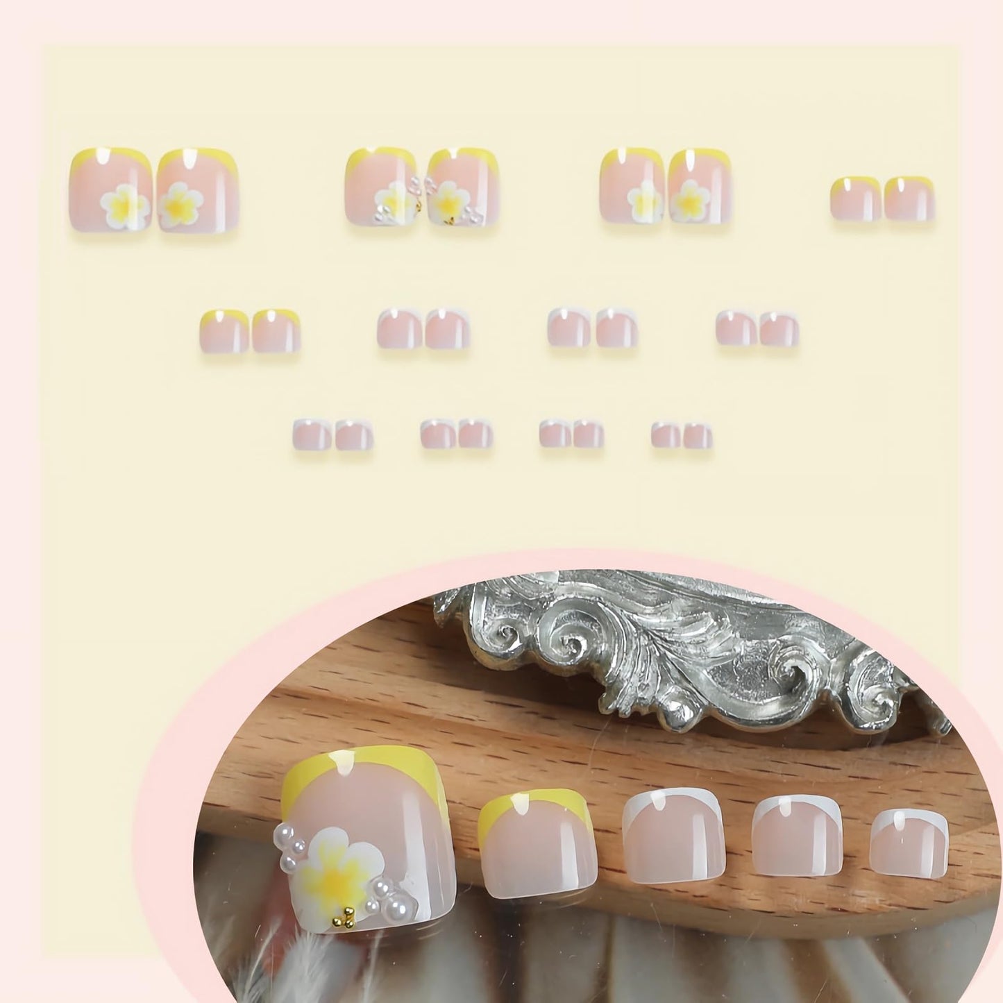 MISUD Press on Toenails - Fake Toe Nails with Flower, Acrylic Toenail Yellow French Tip Design 24 pcs