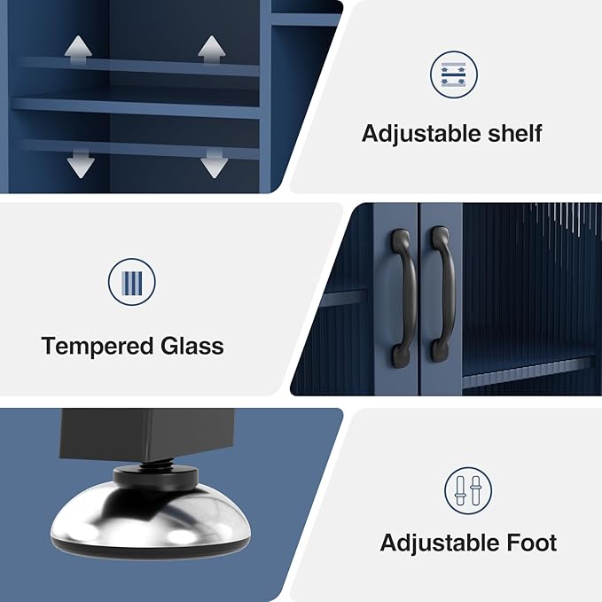 Over The Toilet Storage Cabinet with Tempered Glass Doors and Adjustable Shelf, Bathroom Organizer with Metal Stand Space Saver Over Toilet , Modern Toilet Rack for Bathroom, Restroom, Laundry, Blue