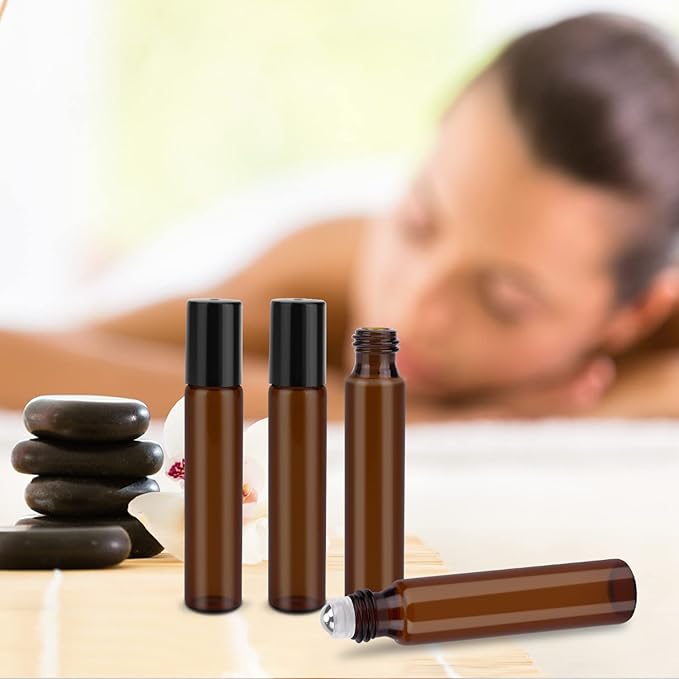 sungwoo 6 Pack Essential Oil Roller Bottles, 10ml Amber Glass Roller Bottles with Stainless Steel Roller Balls and Caps for Travel, Perfume and Lip Gloss