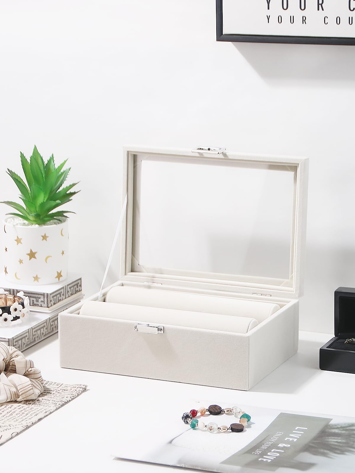 Kanwoder Bracelet Holder Organizer Box, Jewelry Storage Case with 2 Rods, Bangle Watch Display Tray for Women Girls (Beige)