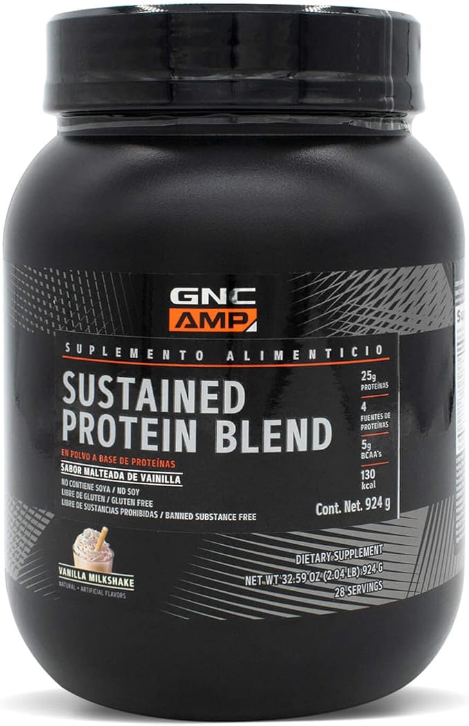 GNC AMP Sustained Protein Blend | Targeted Muscle Building and Exercise Formula | 4 Protein Sources with Rapid & Sustained Release | Gluten Free | Vanilla Milkshake | 28 Servings