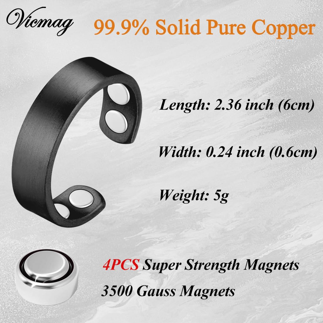 Vicmag 2PCS Copper Magnetic Rings for Women 99.9% Copper Finger Ring Ultra Strength Magnet Gift Adjustable(4X Black)