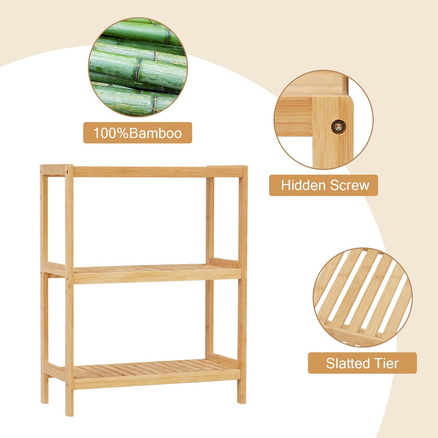 Elepude Bamboo Bathroom Shelf, Stand Utility Storage Shelf Multifunctional Bathroom Kitchen Living Room Holder Plant Flower Stand (3-Tier)