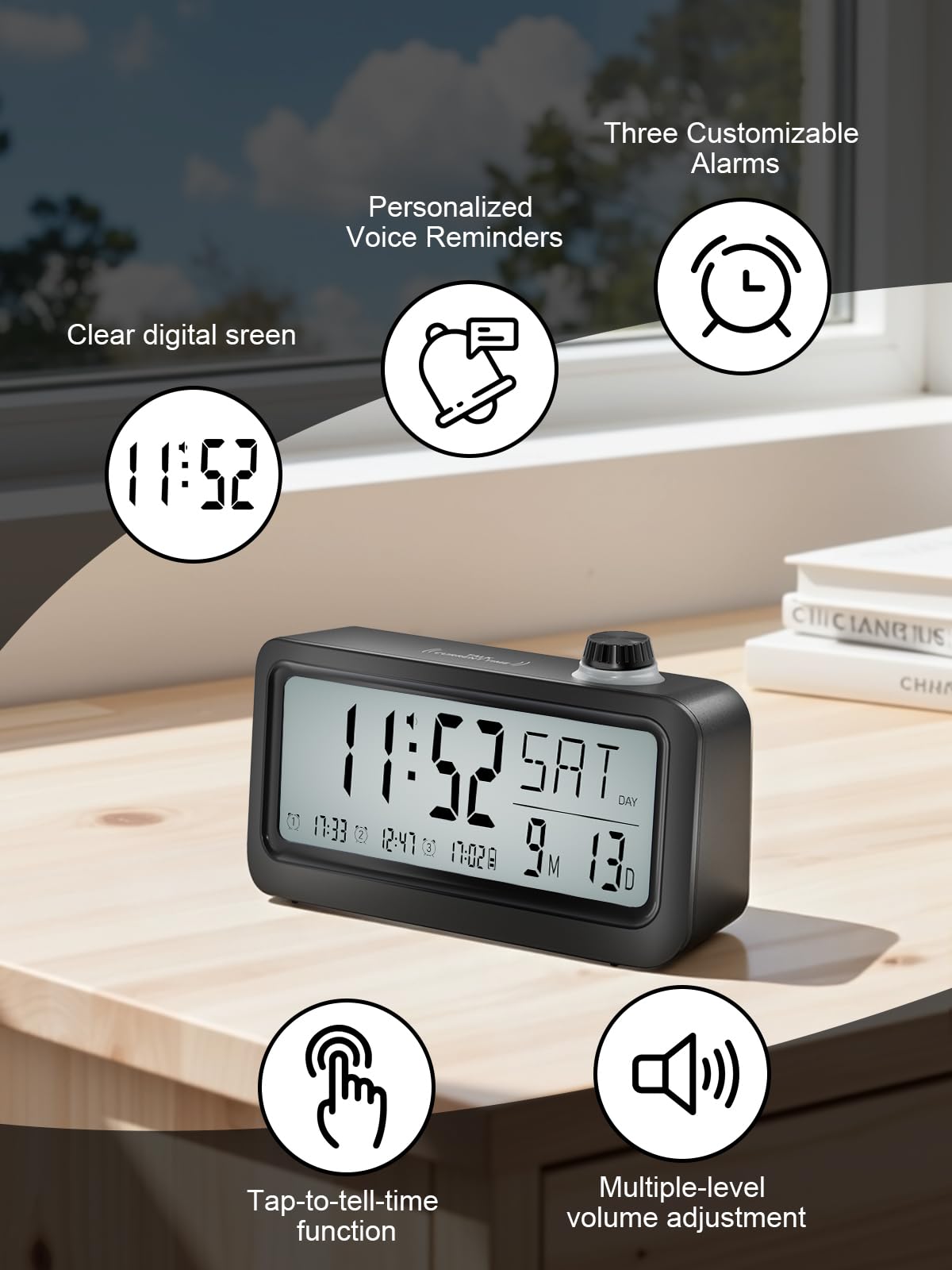 Bovintex Medication Pill Reminder, Rechargeable Talking Alarm Clock with 3 Custom Voice Recording Alarms, Touch-to-Talk, a Digital Alarm Clocks Gift for Mom/Dad/Seniors/Elderly(Black)