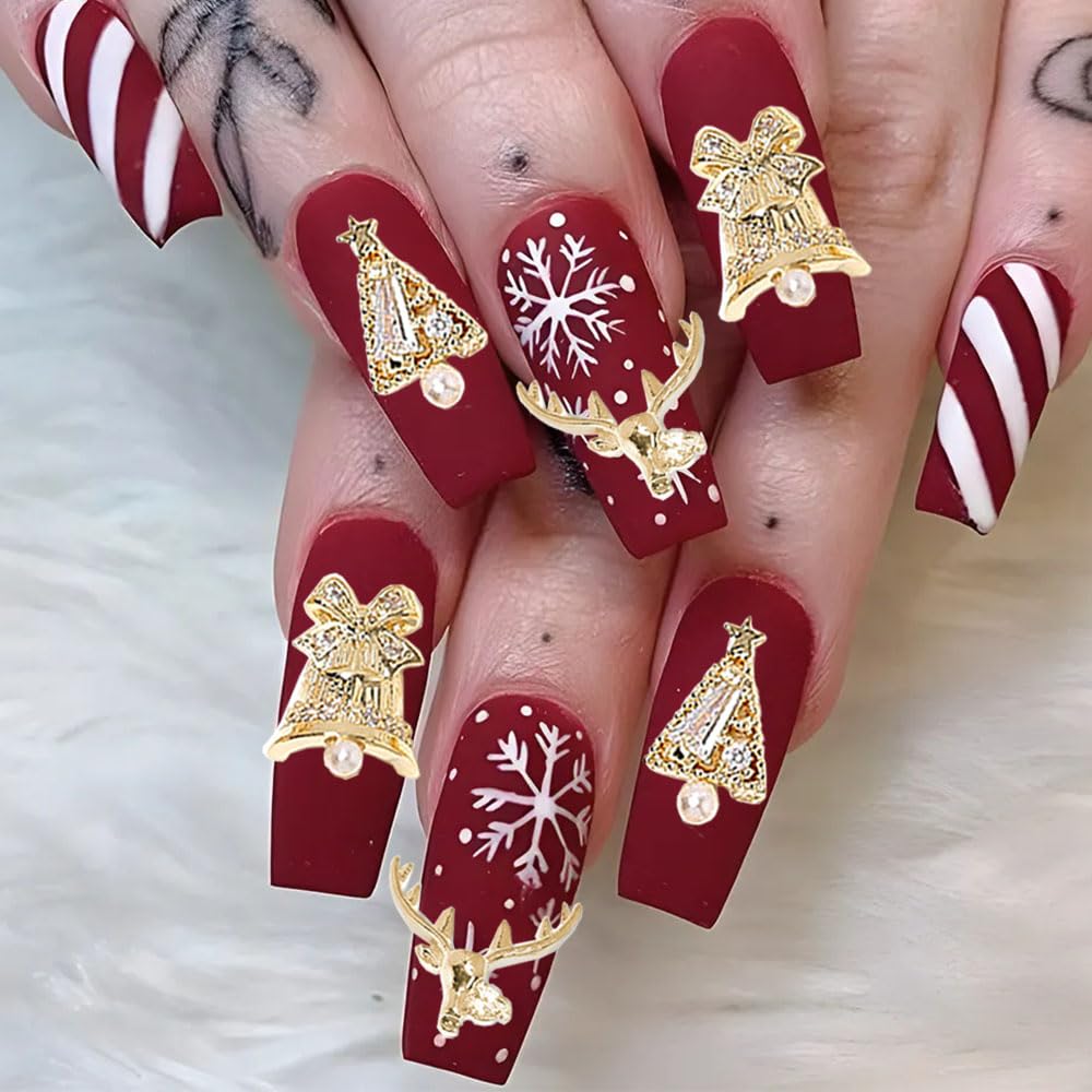 24pcs Luxury Zircon Christmas Nail Charms - 3D Snowflake, Elk, Xmas Tree, Garland Decorations - Gold Art Rhinestones Gems for Nails