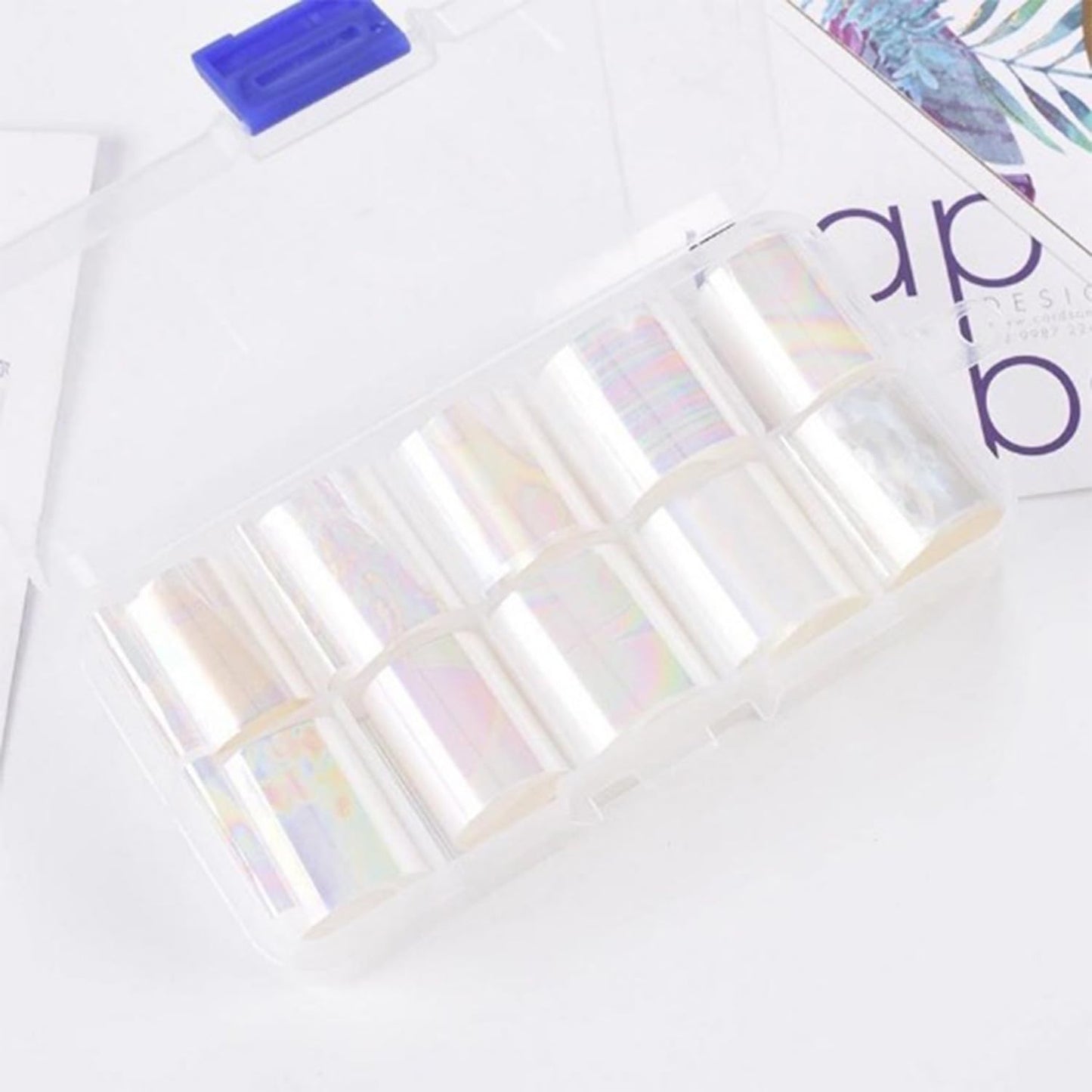 JERCLITY 20 Rolls Aurora Transparent Nail Foil Transfer Sticker Kit - Holographic Nail Art Set With Iridescence Wraps for Nail Art