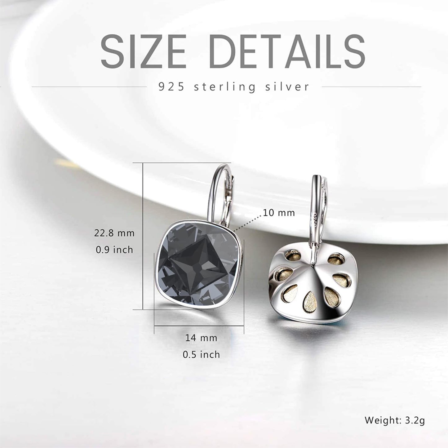 AOBOCO Sterling Silver Leverback Earrings, Grey, 0.90 in x 0.55 in, 3.2 g