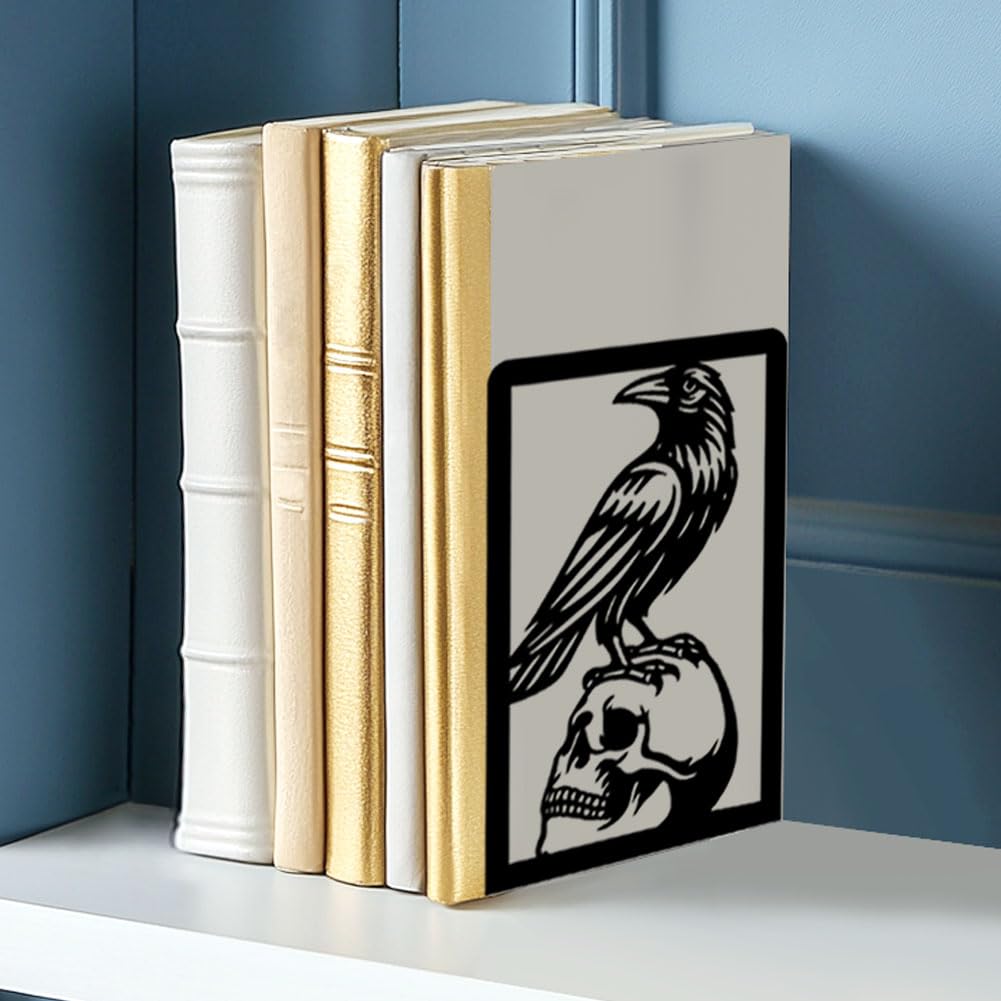 BEUNITONE Raven and Skull Decor Gothic Metal Bookends for Shelves, Office Desk Organizer Book Ends for Heavy Books, Home Office Desk Bookshelf Decor Gift for Gothic Lovers and Reading Enthusiasts