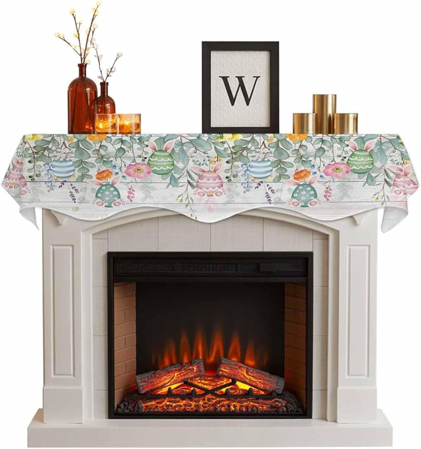 Easter Fireplace Mantel Scarf Table Runner, Spring Eggs Eucalyptus Leaves Wooden Grain Winter Garland Mantel Top Tablerunners Dresser Scarves Cover Decorations for Windows Party Living Room 90''x17''