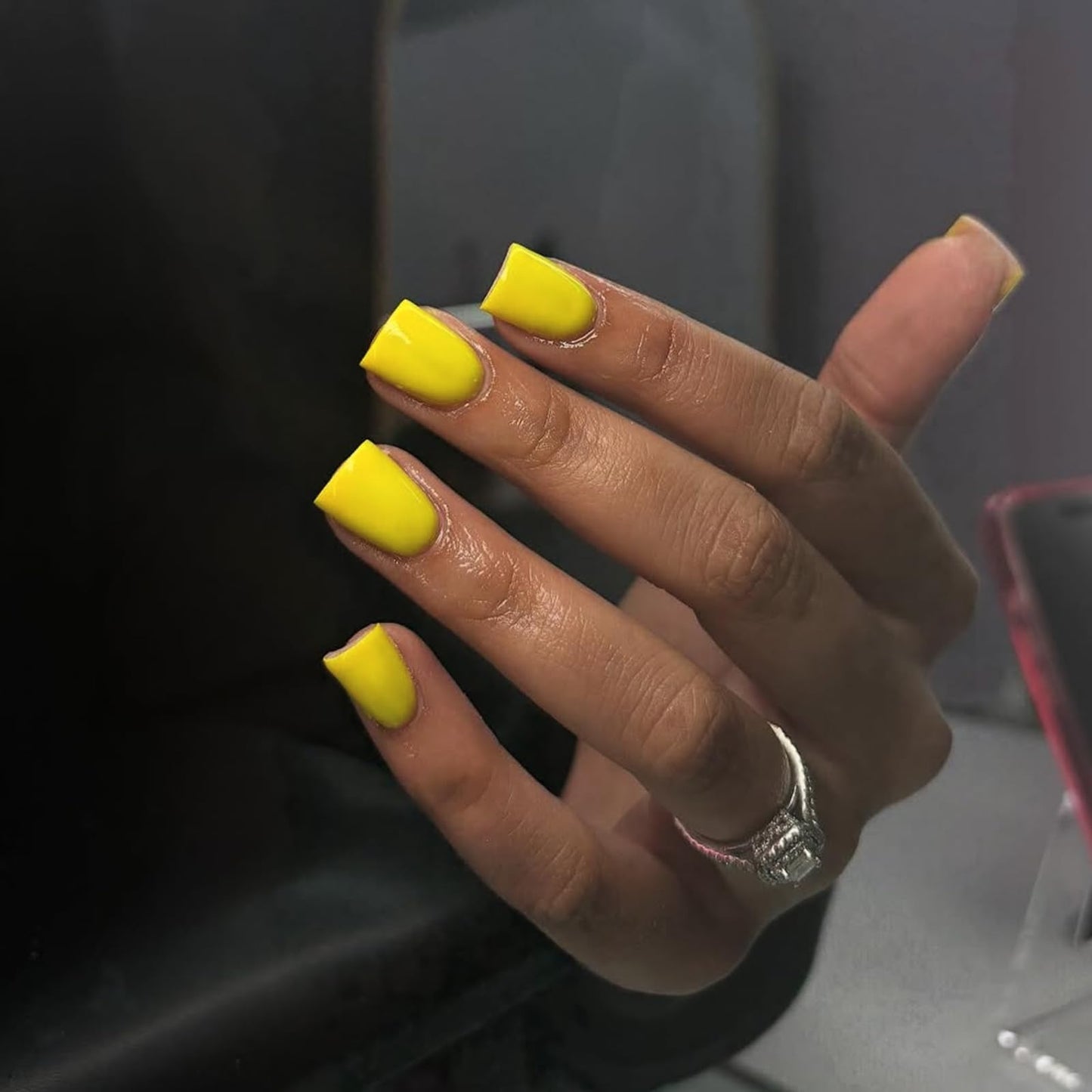 IMSOHOT Yellow Press on Nails Short Square Fake Nails Acrylic Glossy Squoval False Nails Full Cover Solid Color Glue on Nails for Women Girls