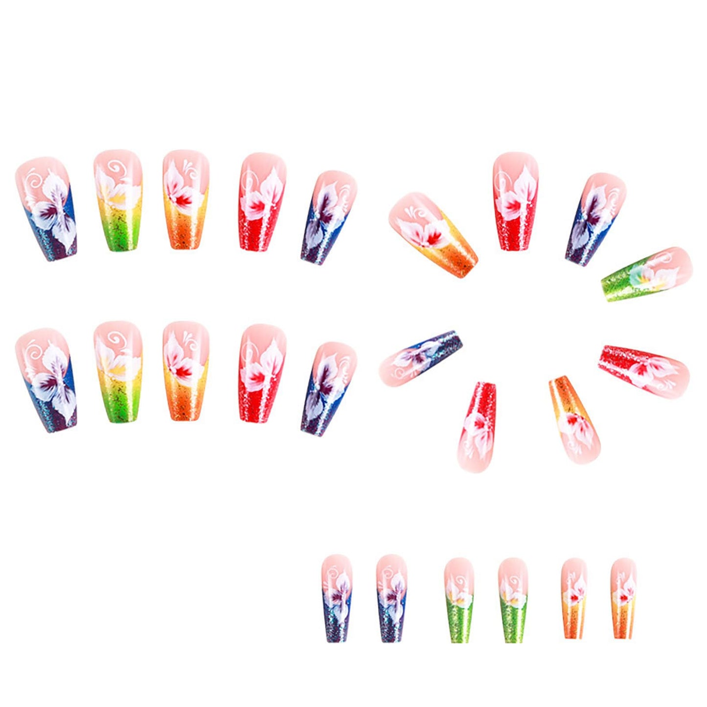 Colorful Press on Nails Coffin Medium Fake Nails with Flower Glitter Designs French Tip Nails Press ons Glossy Glue on Nails Nude False Nails Cute Acrylic Nails Spring Stick on Nails for Women 24Pcs
