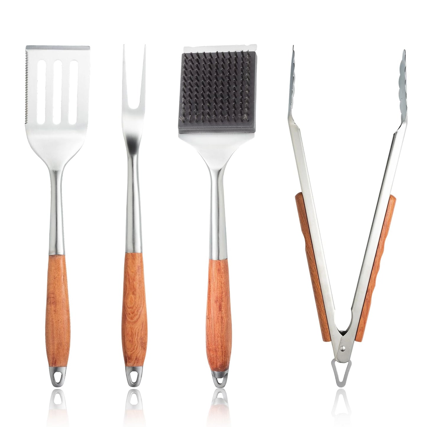 Heavy-Duty Wood BBQ Grilling Accessories Tools Set, Premium Thickened Stainless Steel Barbecue Utensils for Outdoor Grilling