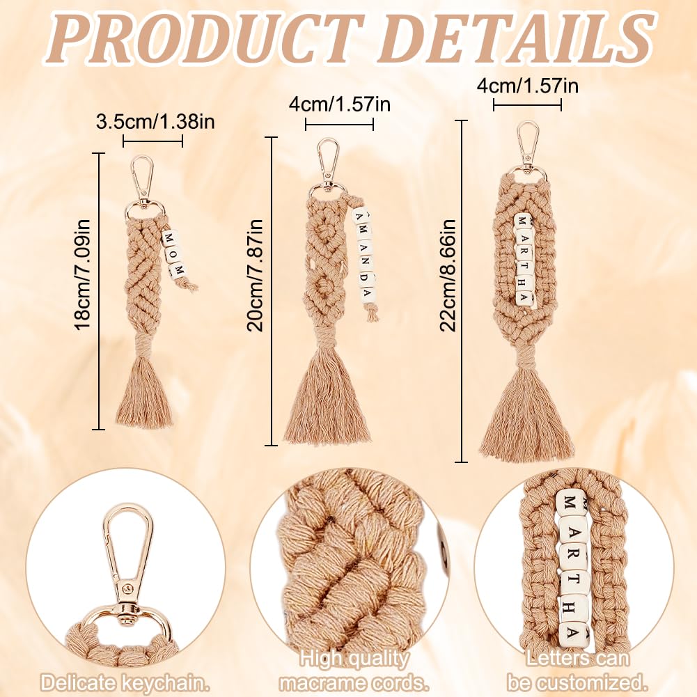 BEUNITONE 6 Sets DIY Macrame Keychain Kit for Beginner Boho Macrame Starter Keychain Kit with Instruction Video DIY Personalized Macrame Alphabet Wood Bead Keychain kit Charms for Bag Car Key Decor
