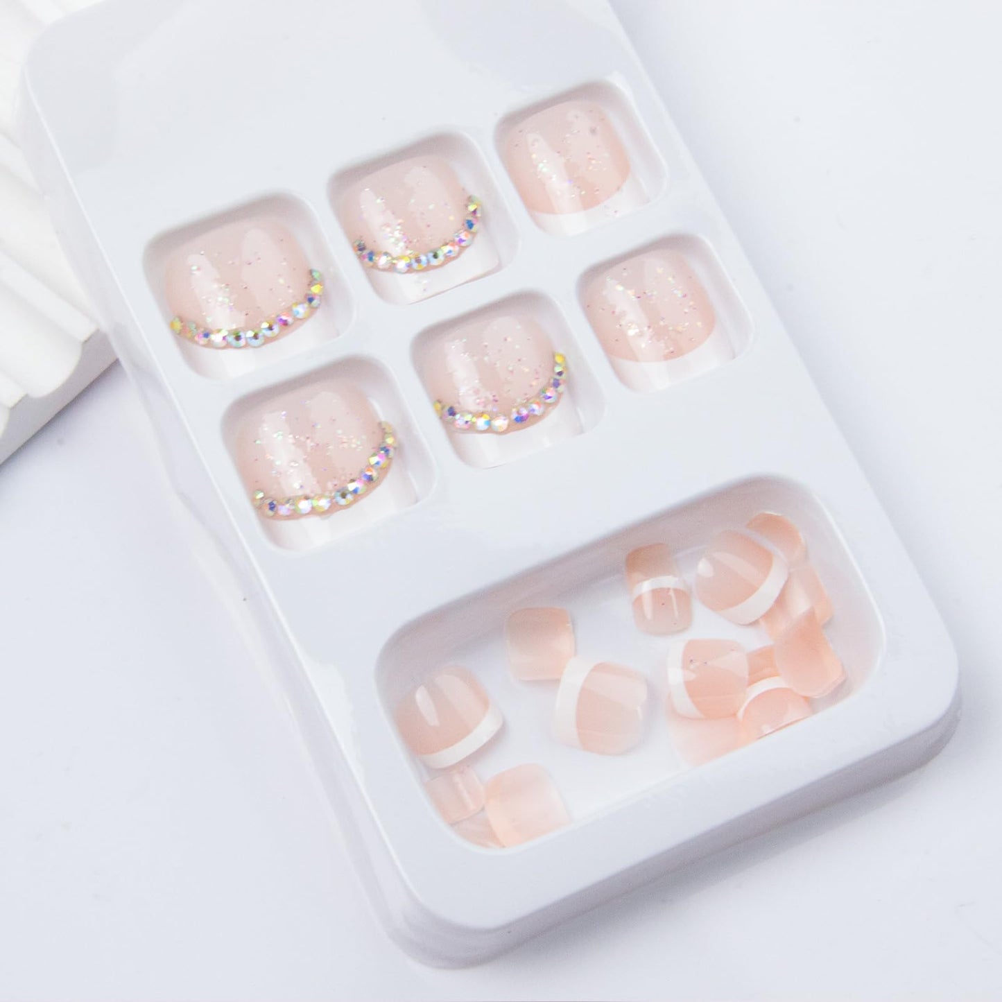 French Tip Press on Toenails Short Suqare Fake on Toe Nails Rhinestones False on Toenails Glossy Acrylic Toe Nails Glitter Full Cover Stick on Nails for Wome