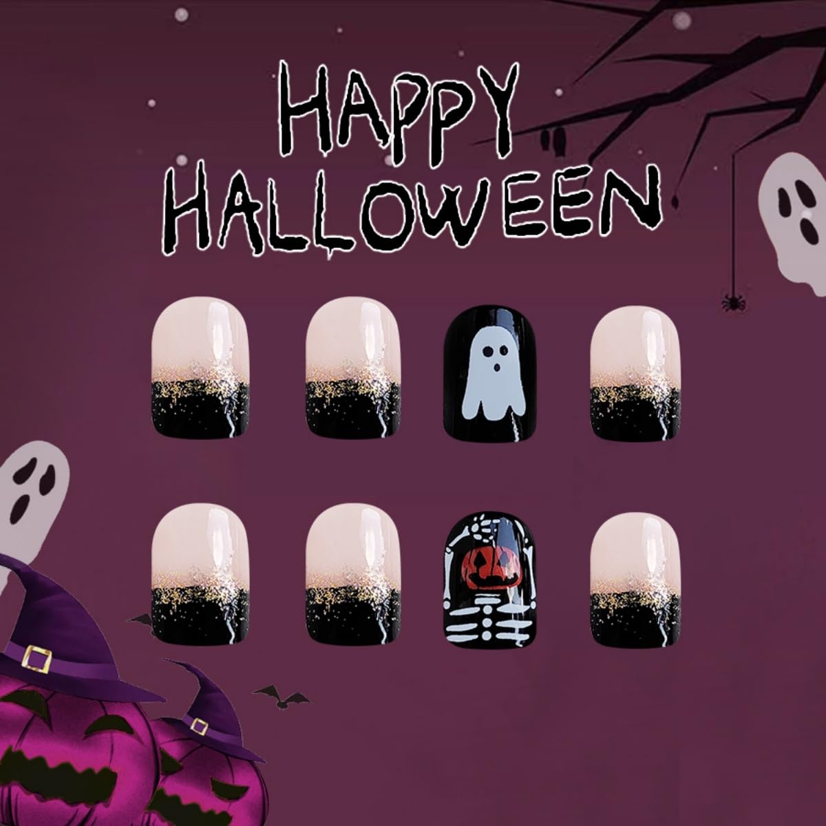 Halloween Press on Nails Short Square Fake Nails Pumpkin Ghost Skeleton Desige Stick on Nails Gold Glitter False Nails Gradient Artificial Handmade Acrylic Glue on Nail for Women Manicure 24Pcs