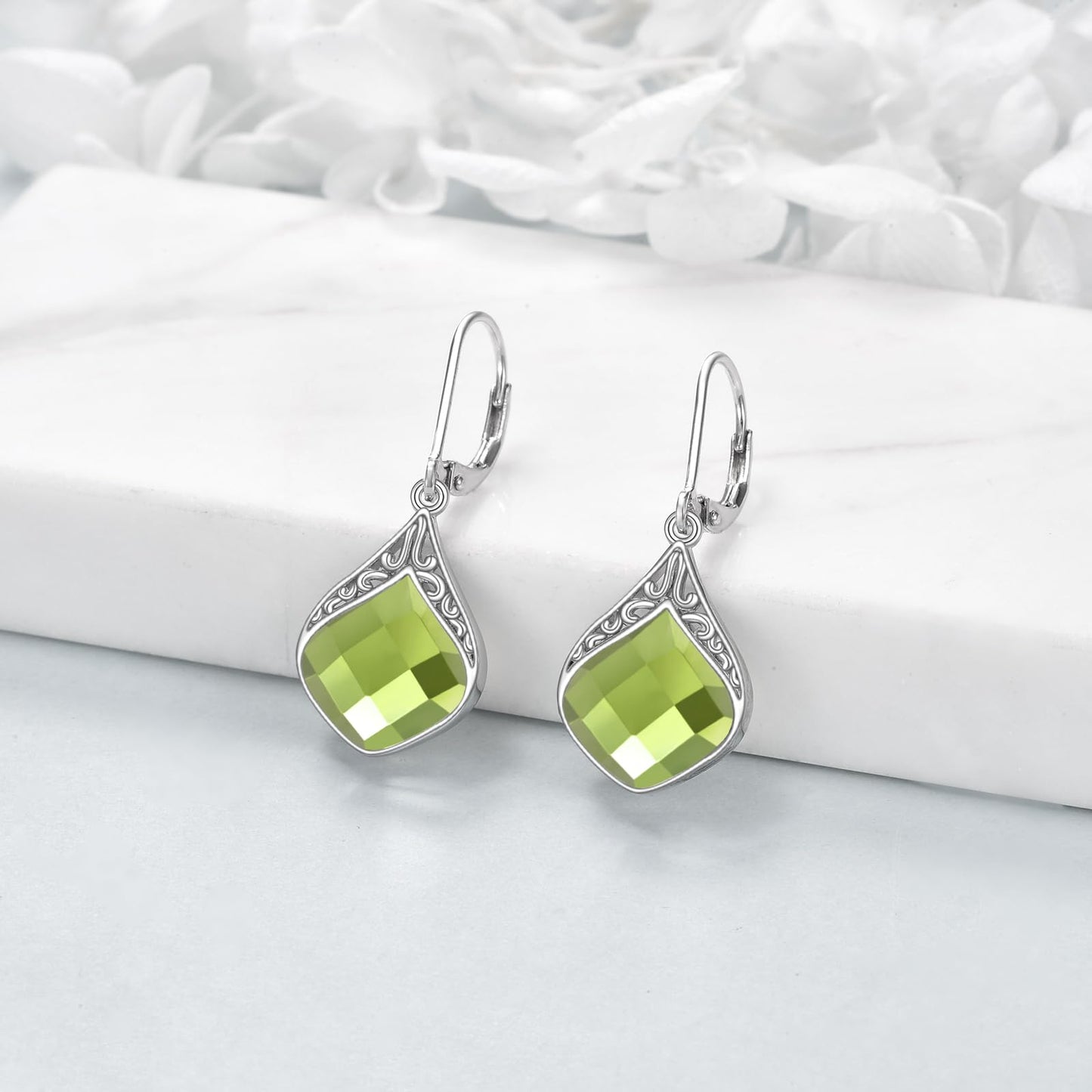Peridot Drop Earrings Sterling Silver Green Crystal Teardrop Dangle Earrings Filigree Irish Jewelry Christmas Gifts for Women