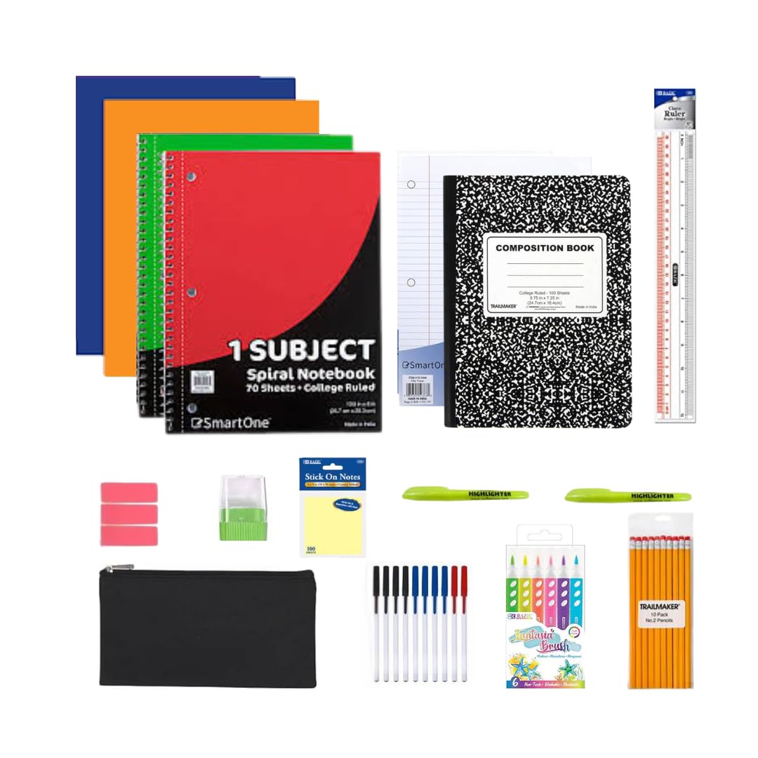 Essential 40-Piece Student Supply Kit – Ideal for students returning to class - Includes Notebooks, Folders, Pencils, Pens, Highlighters, Erasers, Ruler,