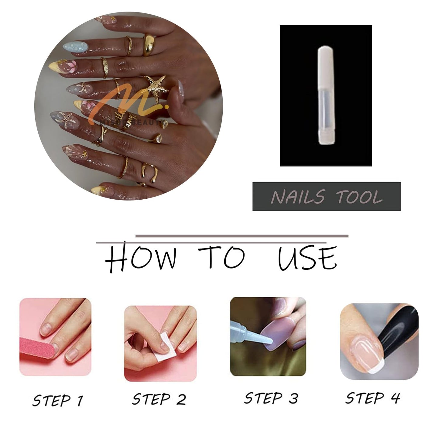 MISUD Press on Nails - Medium Almond Fake Nails with Summer Beach Acrylic Handmade 3D Flower Shell Design 30 pcs