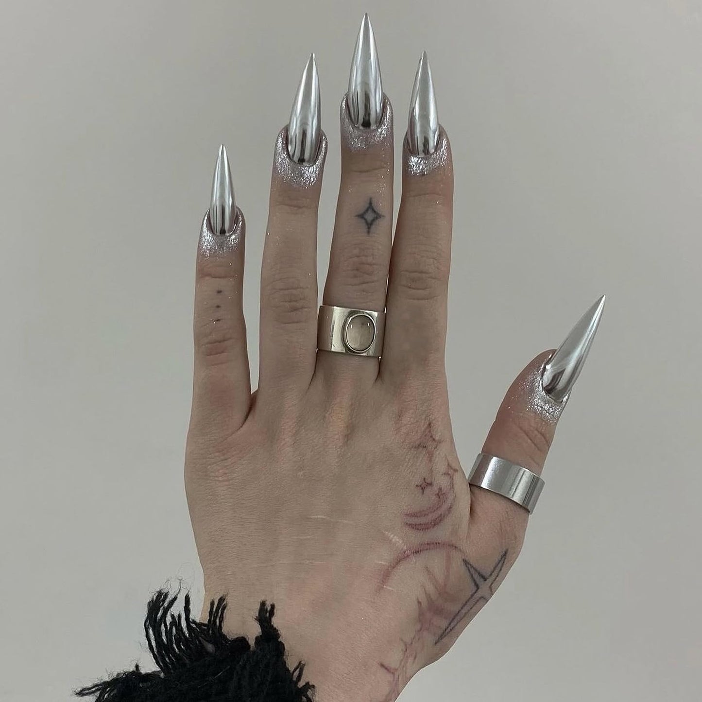 MISUD Press on Nails - Long Stiletto Glue on Nails with Silver Chrome, Acrylic Metallic Design 24 pcs