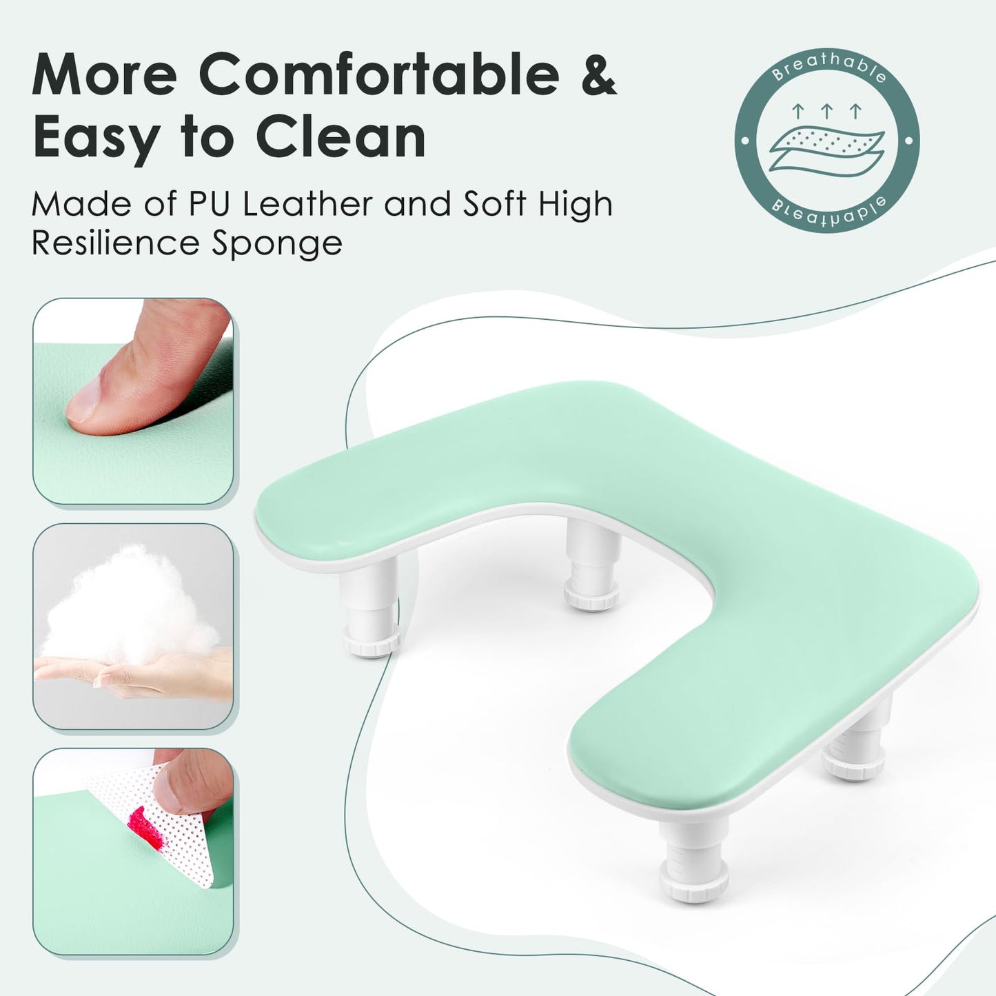 Manicure Arm Rest for Nails Tech: U-shaped Adjustable Nail Armrest - Mint Green PU Leather Hand Stand Rest for Manicurists