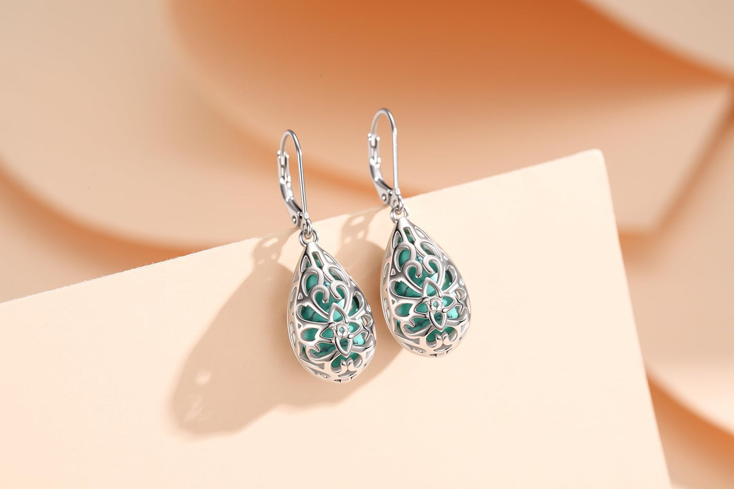 Teardrop Turquoise Jewelry for Women-Genuine Turquoise Leverback Earring 925 Sterling Silver Dangle Drop Earrings Vintage Gifts for Valentine/Mother's Day/Christmas