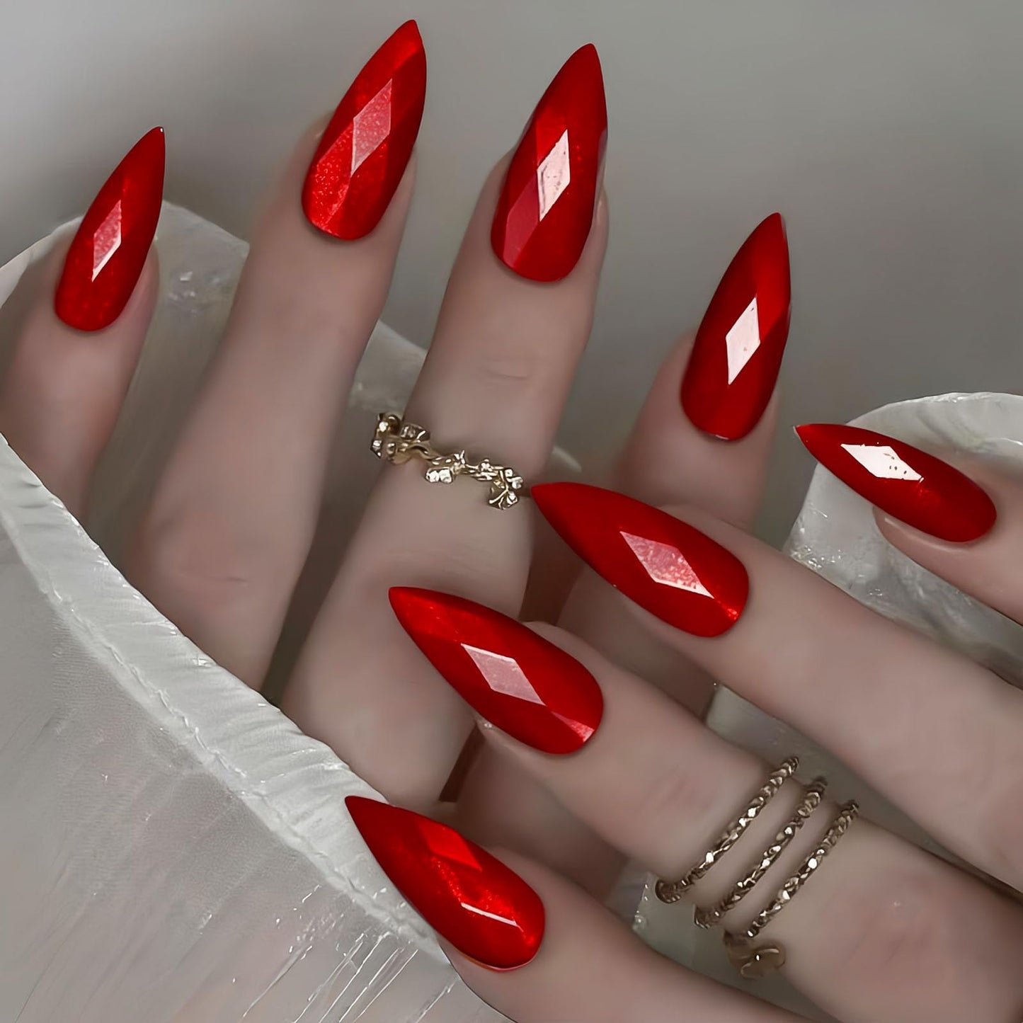 RUOKEXIN Almond Press on Nails Medium Length Fake Nails Red Chrome False Nails with 3D Rhombus Designs Full Cover Nail Press ons Sparkly Artificial Nails for Women 24Pcs