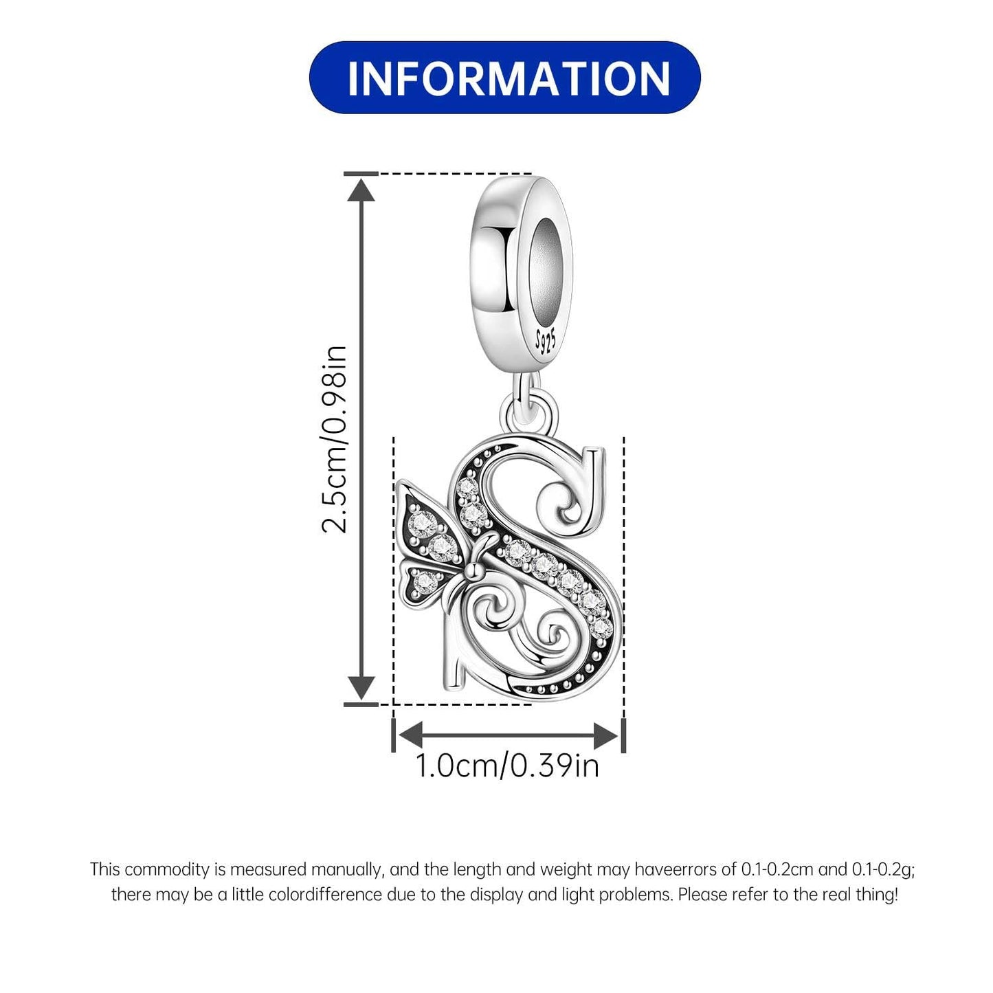 PANPOKI 2 Pack 925 Sterling Silver Butterfly Letter Charms for Bracelets and Necklace Alphabet Dangle Pendants Round Spacer Beads Pave Cubic Zirconia Jewelry Gift for Women (S Set)