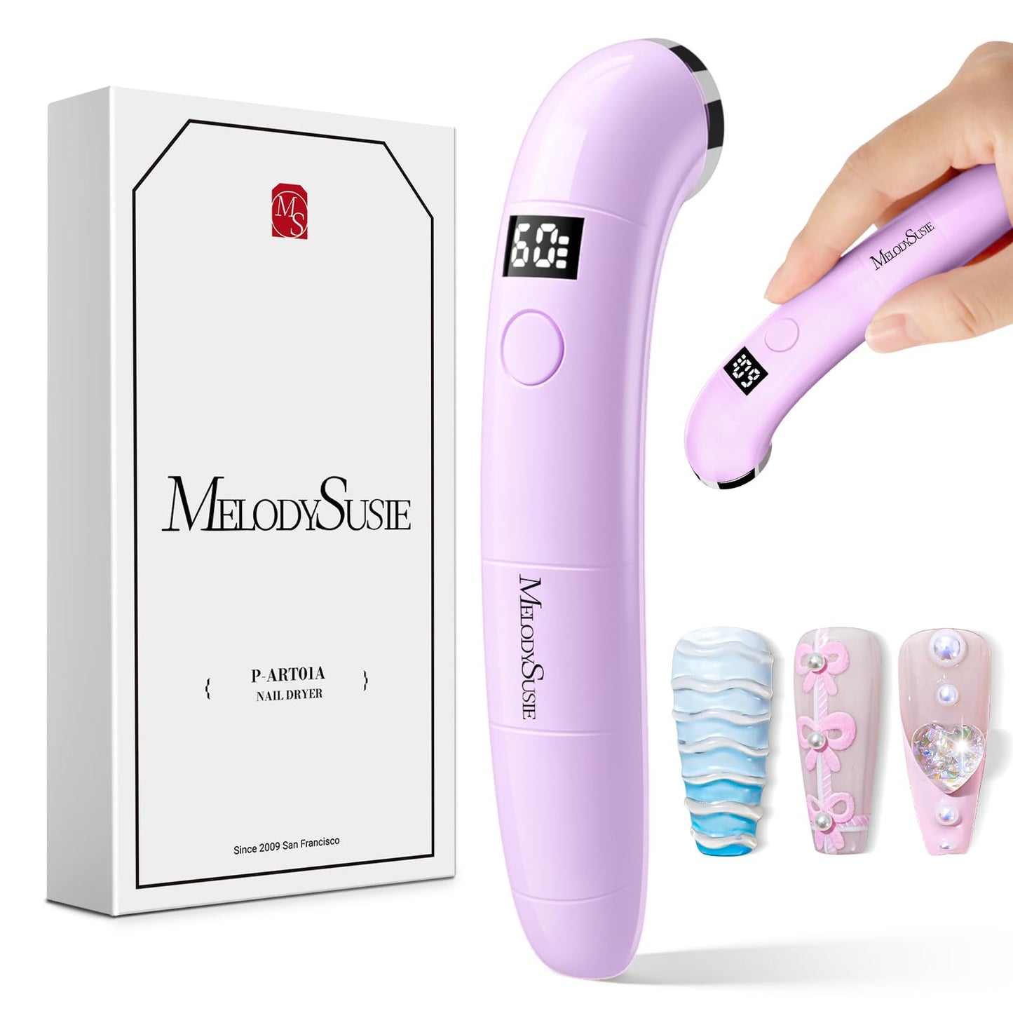 MelodySusie Ergonomic Handheld Cordless UV Nail Lamp with LCD Display & 2 Timers, P-Art01A Rechargeable Mini UV LED Light Flash Cures All Soft Gels, Especially Rhinestone Glue & Liner Gel Purple