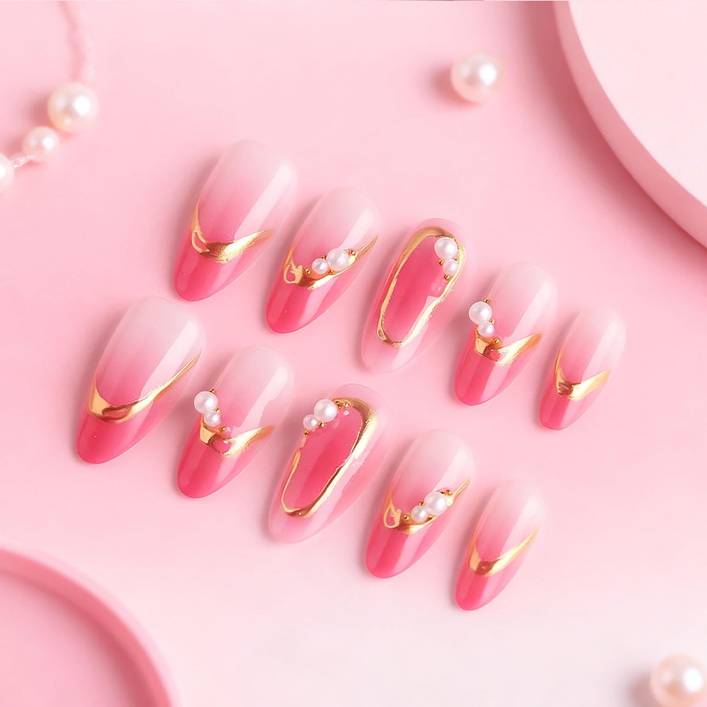 RUOKEXIN Almond Press on Nails French Tip Fake Nails Pink Ombre False Nails with Pearl Designs Medium Nail Press ons Sparkly Artificial Nails for Women 30Pcs