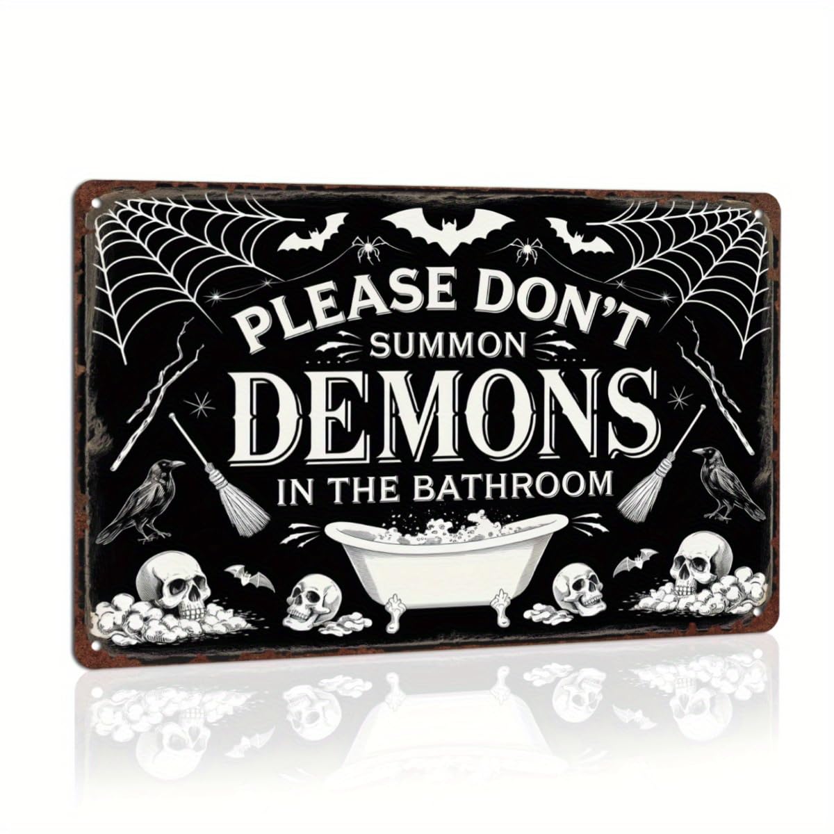 Please Don't Summon Demons in the Bathroom Halloween Retro Metal Tin Sign Wall Art Decor for Bathroom Home Halloween Party Indoor Wall Decor 8x12 Inch